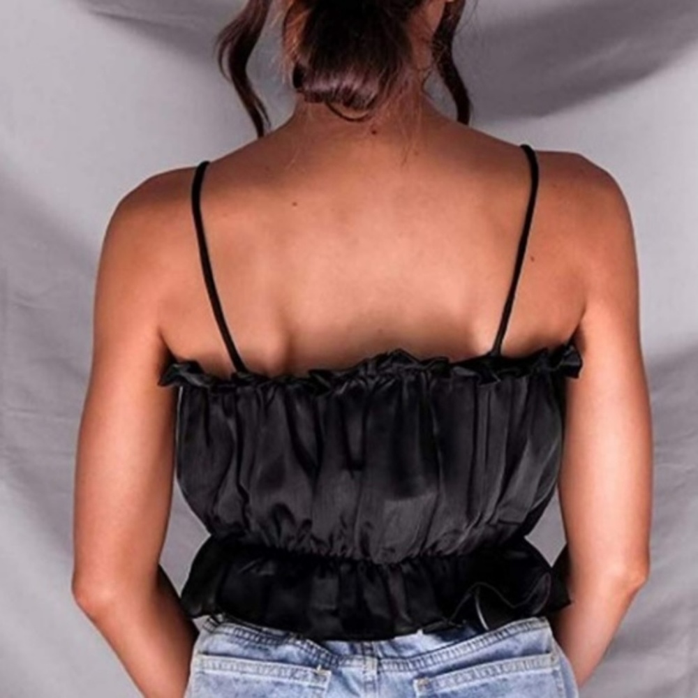 Puffy Black Satin Ruffle Boho Crop Top Tank - Picture 3 of 5